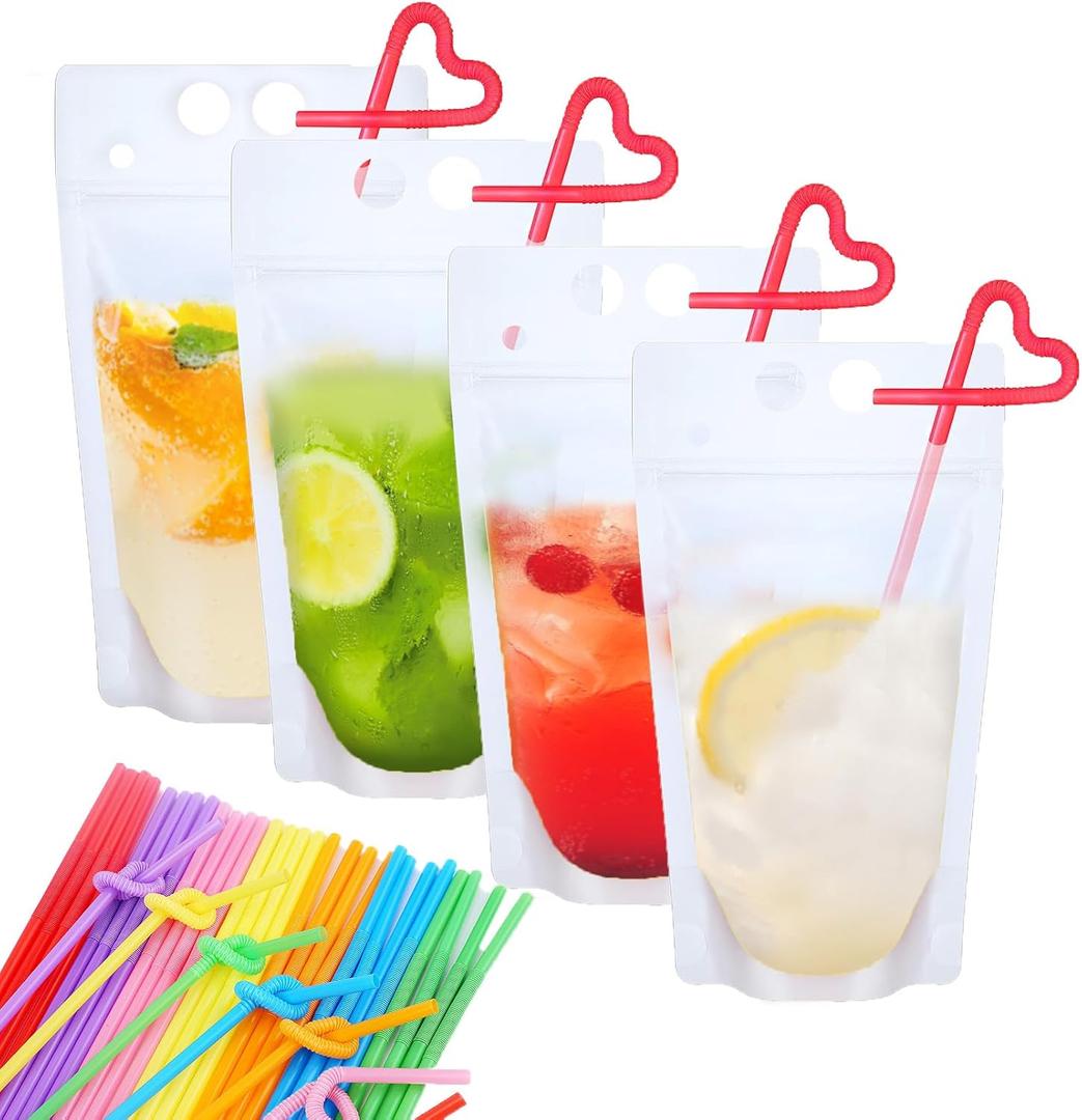 20 PCS Drink Pouches Bags with 20 Disposable Plastic Straws, Hand-held Frosted Translucent Reclosable Zipper Juice Pouches for Adults and Teens