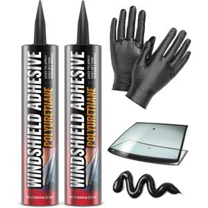[2 Pack] Polyurethane Windshield Adhesive - Quick Curing & Weather Resistant Auto Glass Adhesive, Vertical & Overhead Application, Windshield Repair Kit with Gloves, Applicator Tip & Cartridge - 310ml
