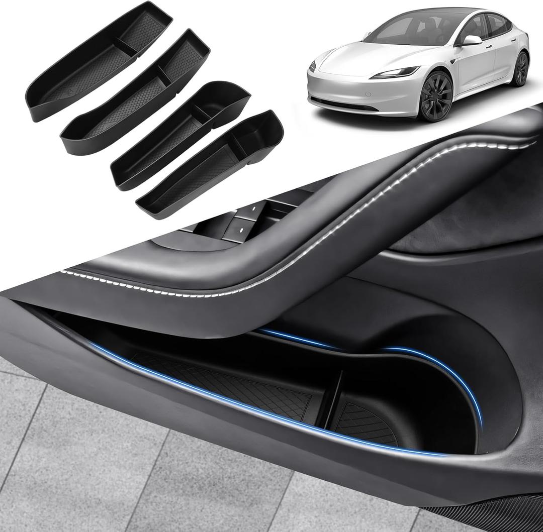 Karltys Car Organization, 4 Pcs Door Side Storage Box Waterproof, Interior Protection Door Side Pocket Organizer Tray for Tesla Model 3 Highland Accessories 2024 2025 2026 Front Rear Slot Pockets