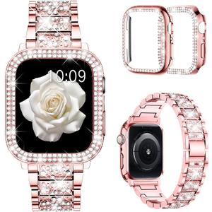 Mosonio Compatible with Apple Watch Band Series 7 41mm with Case Women, Jewelry Replacement Metal Wristband Strap with 2 Pack Bling PC Protective Cover for iWatch 41mm Series 7(Pink)