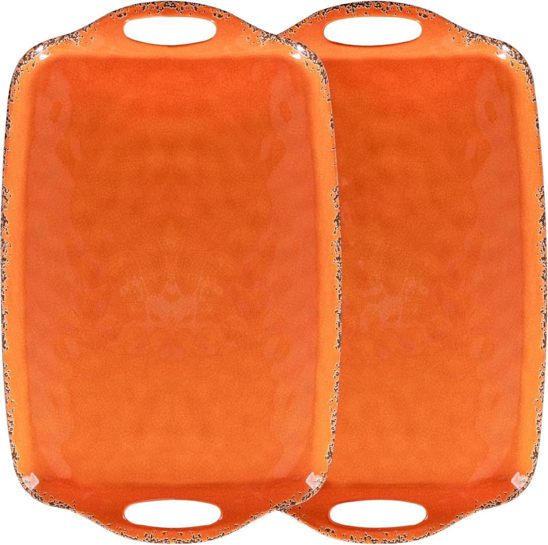 Melamine Serving Tray with Handles, 19 x 12" Vintage Rustic Large Rectangular Melamine Serving Platter for Serving Food, Breakfast Tray, Set of 2, Dishwasher Safe, Orange