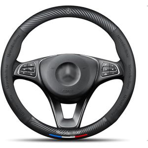 Custom-Fit Car Steering Wheel Cover Compatible with Mercedes-Benz Car. Premium Stylish Nappa Leather Carbon Fiber Texture Protector, Non-Slip, Mercedes Benz Compatible Accessories (Black)37 cm to 38cm
