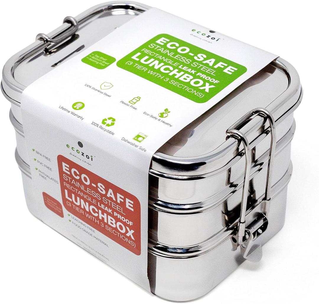ecozoi Stainless Steel Lunch Box, Leak Proof, 3 Tier Rectangle with Bonus Pod & 3 Sections | Bonus Silicone Band to Convert to 3 Section Lunch Box for Portability