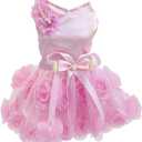 Dog Dress Luxury Puppy Skirt Clothes Princess Dresses Wedding Evening Tutu Skirt Rose Flower Bowknot Dresses for Small Dog Girl M Pink