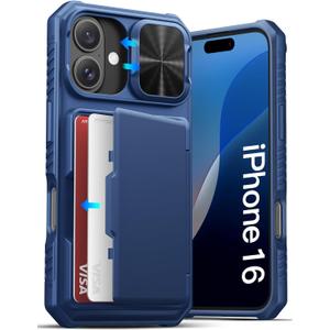 ATATOO for iPhone 16 Case with Card Holder (Store 3-5 Cards) & Slide Camera Cover & RFID Blocking, Military Grade Protection, Rugged Silicone Wallet Case for iPhone 16 6.1", Blue