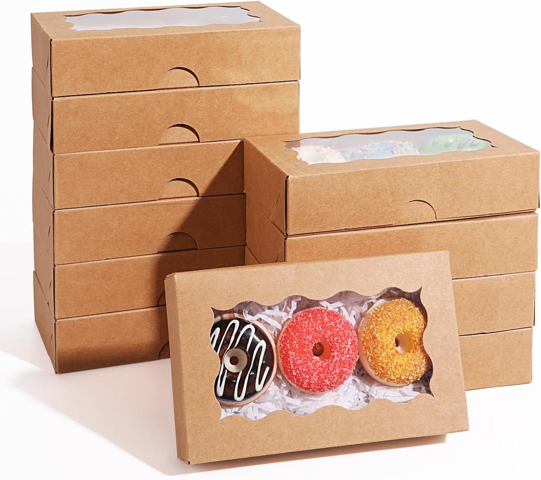 LINSHRY 30 Pack Cookie Boxes with Window, 7" x 4 3/8" x 1 1/2" Auto-Popup Small Pastry Bakery Treat Boxes for Strawberries, Breakable Hearts, Cookies, Donut, Pastry Candy and Macarons, Brown