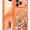 GVIEWIN for iPhone 17 Pro Max Case Compatible with MagSafe [Curly Wave Edge][Full Camera Protection] Floral Translucent Shockproof Magnetic Women Phone Case for 17 Pro Max, Primrose/Orange