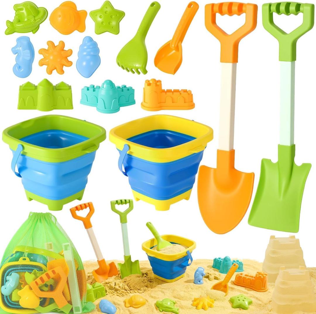 HUITEM Beach Sand Toys for Kids with 20 in Long Beach Shovels, 2 Collapsible Bucket, Sand Castle Building Kit, Sand Molds, Mesh Bag, Travel Sandbox Toys Beach Essentials for Kids Age 3-10