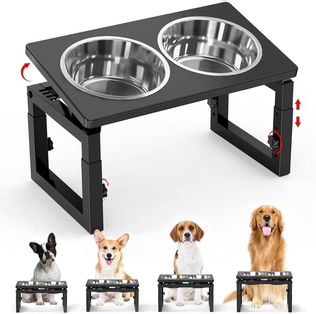 Elevated Dog Bowls Black, 4 Height & Angle Adjustable Raised Dog Bowl Stand, Elevated Dogs Bowl Station for Medium Sized, Sturdy Bamboo Dogs Feeding Station with 2 Stainless Steel Dishes (48oz/6cup)