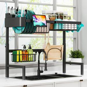 Over The Sink Dish Drying Rack (Expandable Height and Length) Snap-On Design 2 Tier Large Dish Rack (23" - 34" L x 11" W x 19" - 21.5" H)