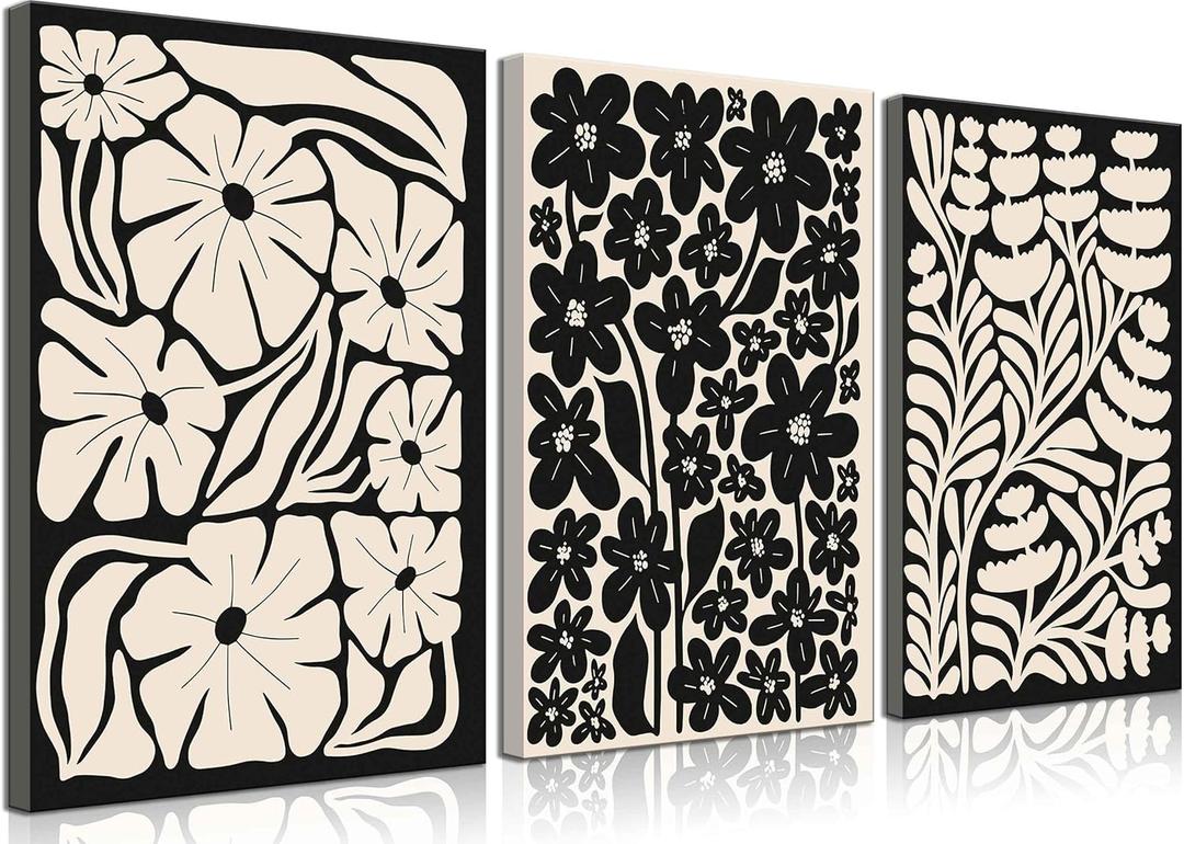3Pcs Black Boho Flowers Plant Wall Art Abstract Botanical Floral Canvas Poster Vintage Bohemian Neutral Flower Prints Wall Decor Trendy Black Beige Floral Set for Bedroom living room Home Decoration