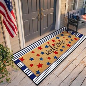APUDWN 2 Pcs Extra Long Patriotic Welcome Door Mat Set for Double Door, 4th of July USA Stars Doormat with Blue White Striped Rug, Oversized Layered Entryway Decor for America 250th Anniversary