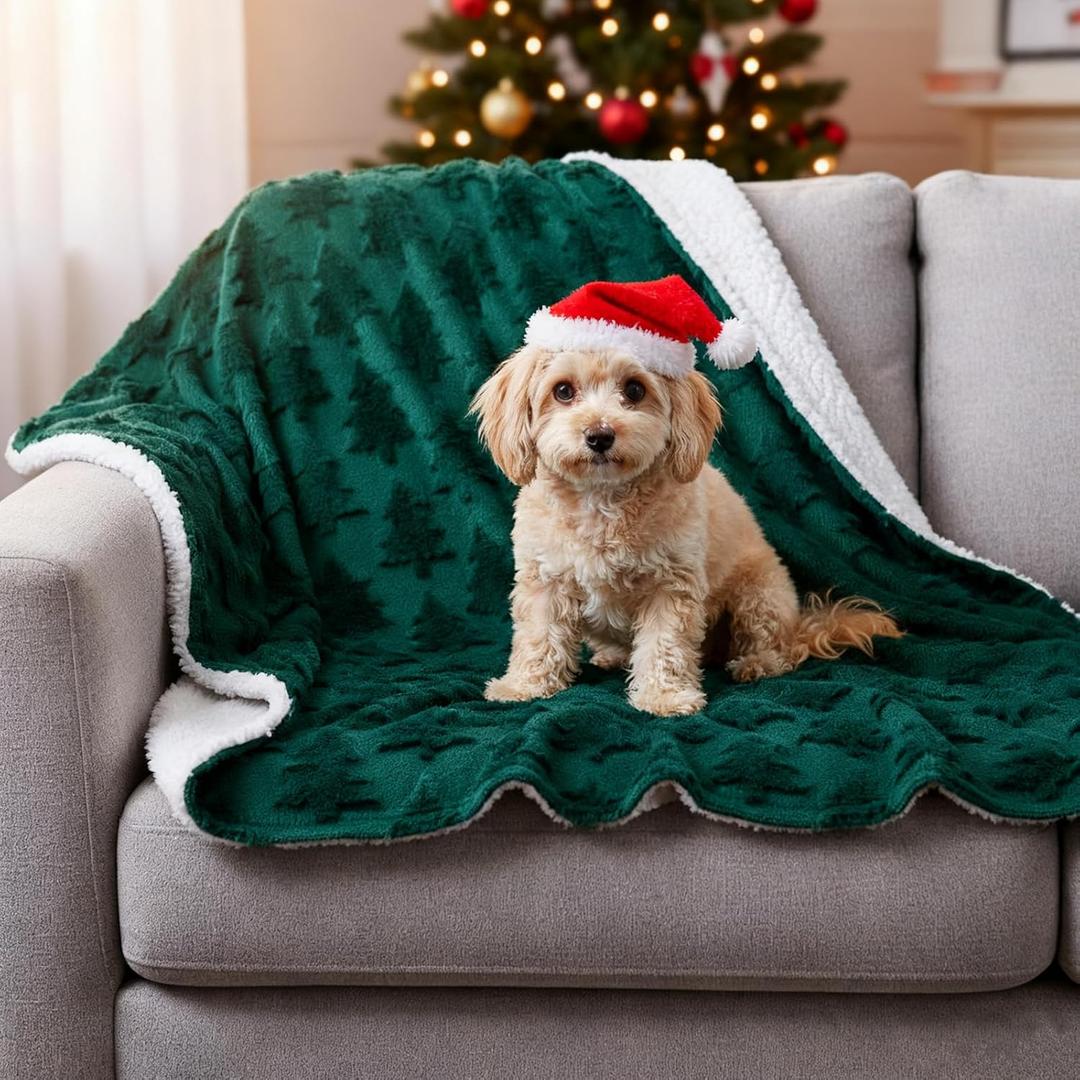 Tudomro Christmas Dog Blanket for Couch Waterproof Puppy Cat Pet Blanket Washable 3D Textured Christmas Tree Warm Jacquard Shag Soft Sherpa Fleece for Couch Bed Furniture Protection(25 x 30 Inches)