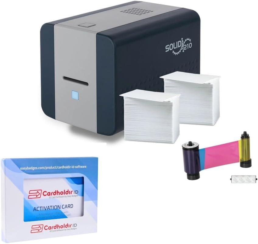 Easy Badges Solid 210 ID Badge Printer | with Beginner Software, & Everything Needed to Design and Print 200 ID Cards, | Single Sided Employee & Student ID Card Printer (Basic Supplies)