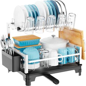 GSlife Dish Drying Rack for Kitchen Counter - Stainless Steel 2 Tier Dish Drainer with Cutting Board, Cup Holder and Utensil Holder, Auto Drain, 21" L x 12.6" W x 15.1" H, Silver