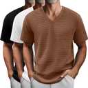 August Alley 3 Pack Men's Waffle T Shirts, V Neck Moisture Wicking Pullover Tee Shirts Short Sleeve Lightweight Knitted Tops (Black, White, Brown)