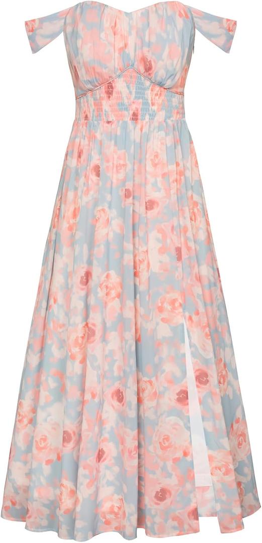 GRACE KARIN 2026 Women's Summer Floral Wedding Guest Dress,Beach Flowy A Line Maxi Off Shoulder Bridesmaid Dresses (Light Blue Pink) 2XL