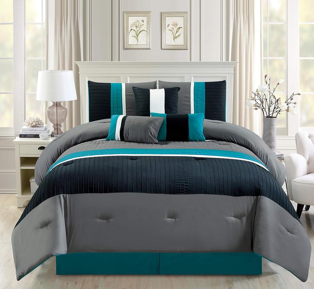 7 Piece Teal Blue/Grey/Black Pleated Bed in A Bag Microfiber Comforter Set Queen Size Bedding. Perfect for Any Bed Room or Guest Room