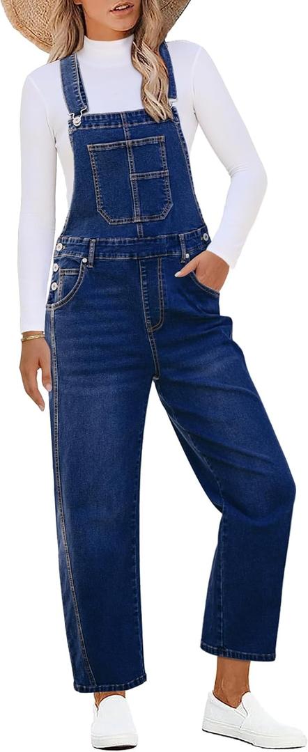 luvamia Barrel Leg Overalls for Women Baggy Bib Stretchy Denim Jumpsuit Loose Fit Jean Overall Jumpsuits with Pockets (Large, Classic Blue)
