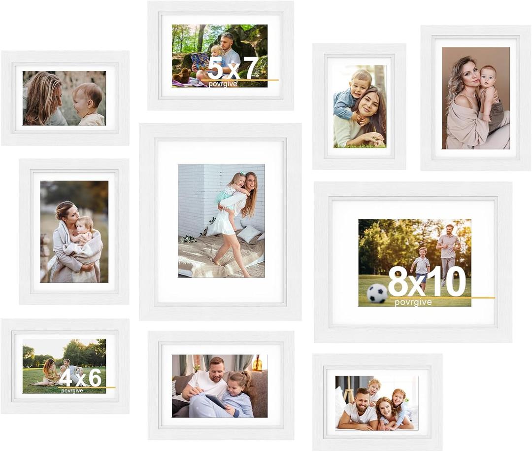 Povrgive Picture Frames, Made of Real Glass and Wooden Frame, Gallery Photo Frames Set of 10 for Collage Wall Decor, Multi Sizes Including 8x10, 5x7, 4x6 for Mounting or Tabletop Display, White