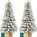 2 Pack 4 Ft Snow Flocked Christmas Entrance Tree, Artificial Xmas Tree with 60 LEDs Warm White Light Battery Operated 140 Branches 14 Pinecone Potted Tree for Outdoor Front Door Porch Home Decoration