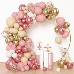Amandir 153Pcs Boho Blush Balloon Garland Arch Kit, Nude Cream Peach Dusty Rose Pink Gold Confetti Metallic Balloon for Valentines Day Baby Shower Birthday Party Wedding Decorations