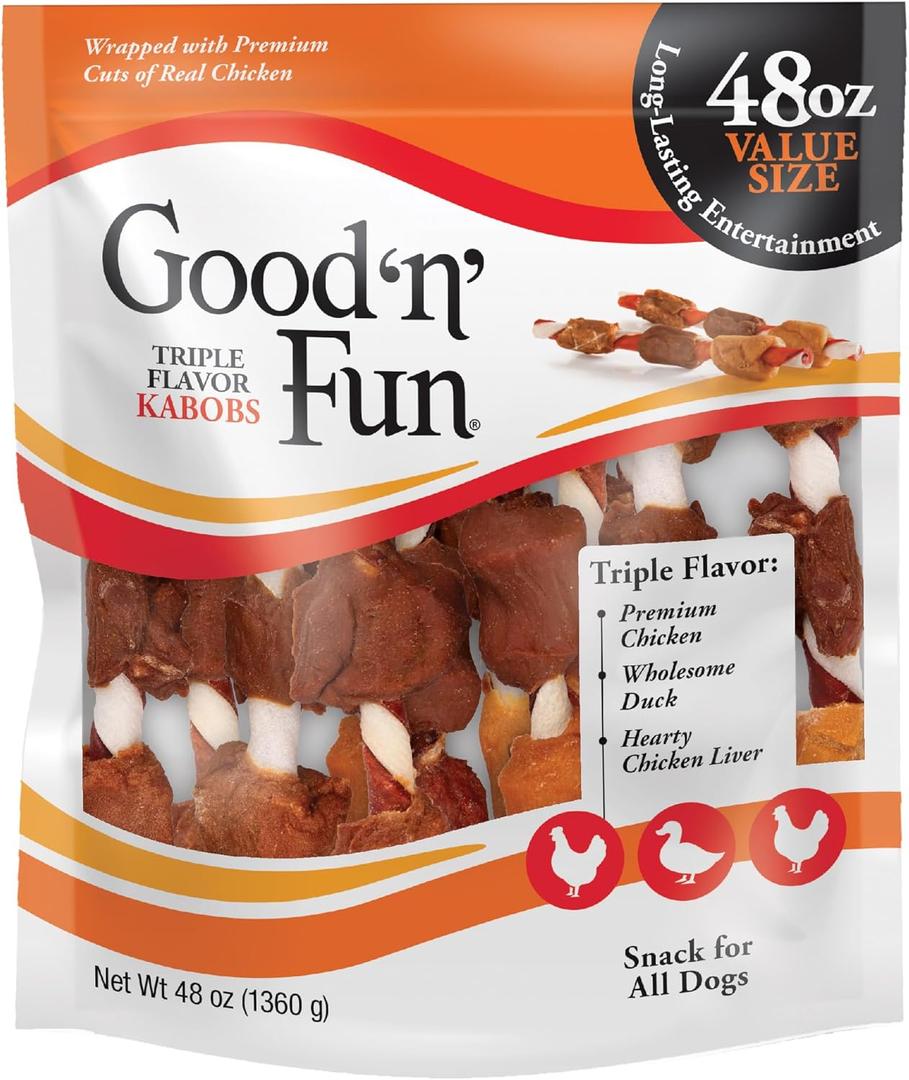 Good n Fun Triple Flavor Kabobs Chews for All Dogs, 48 Ounces, Treat Your Dog to Chews Made from Beef Hide, Real Chicken, Pork Hide, Duck and Chicken Liver (EXP 01/11/28)