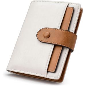 Alldaily Small RFID Blocking Leather Wallet for Women, Bifold with 10 Card Slots and Zipper Pocket (White/Brown)