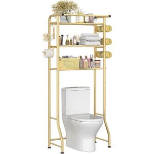 Simple Trending 3 Tier Over The Toilet Rack, Shelf Bathroom, Bathroom Stand Organizer Space Saver, Gold, 24.25''D x 13''W x 64''H