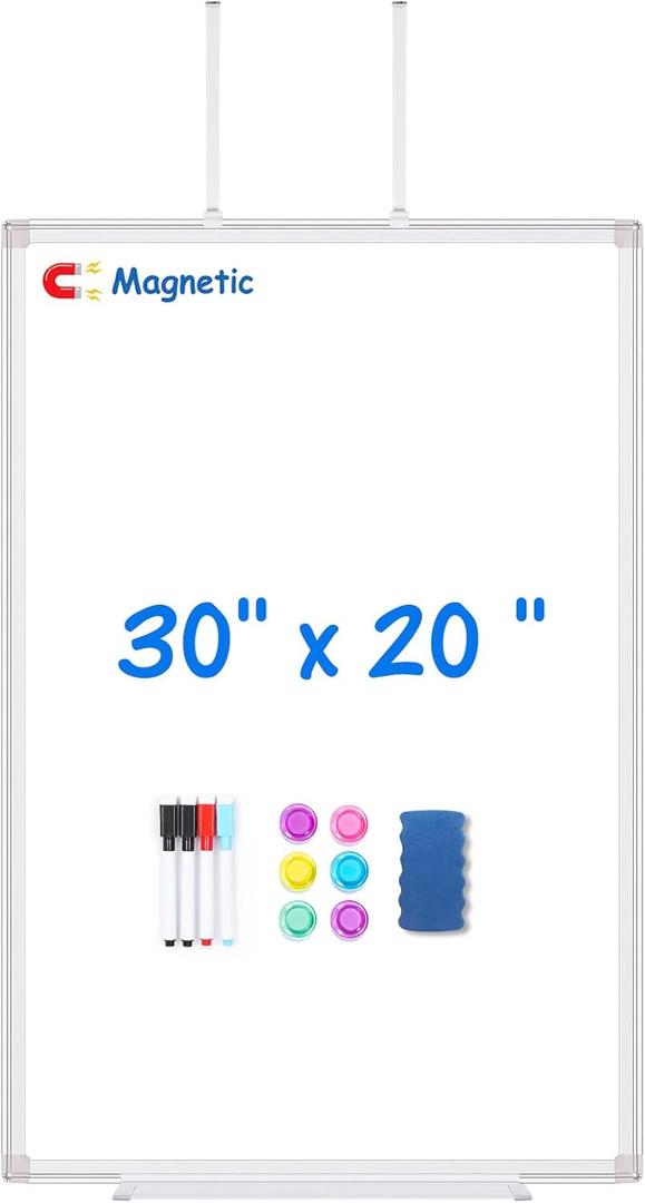 Magnetic Dry Erase Board for Doors, 30x20 Inch Whiteboard with Adjustable Long Arm Hook Mount - Easy to Install, Portable Hanging White Board for Home, Dorm Room, Office Cubicle & Small Spaces