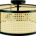 Semi Flush Mount Ceiling Light, Farmhouse Matte Black Close to Ceiling Light with 16 Inches Rattan Shade for Bedroom, Hallway, Living Room