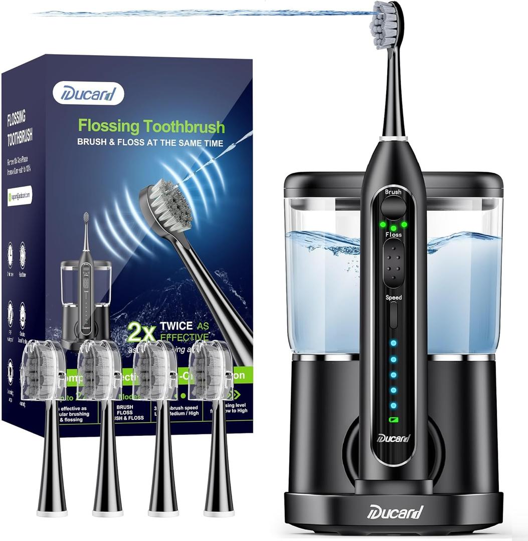 Electric Toothbrush with Water Flosser,Professional Flossing Toothbrush Combo for Teeth Cleaning Plaque Removal with 4 Replacement Heads, 3 Brush Modes & 5 Floss Speeds,Black