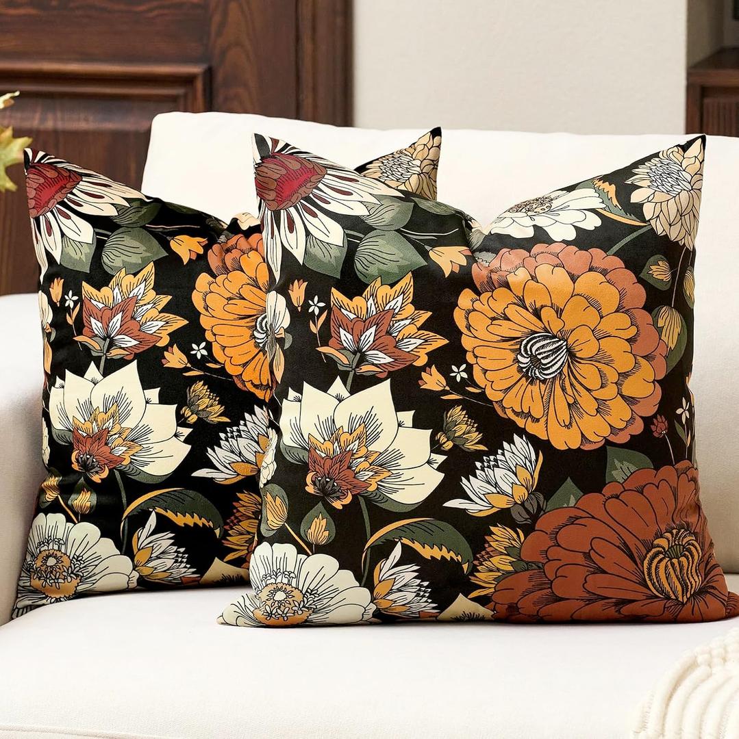 Black Boho Floral Velvet Throw Pillow Covers 18x18 Inch Set of 2 Farmhouse Vintage Cushion Covers Mid Century Modern Botanical Home Decor Pillow Cases for Couch Bed Sofa Living Room, Bedroom (Warm Ember)