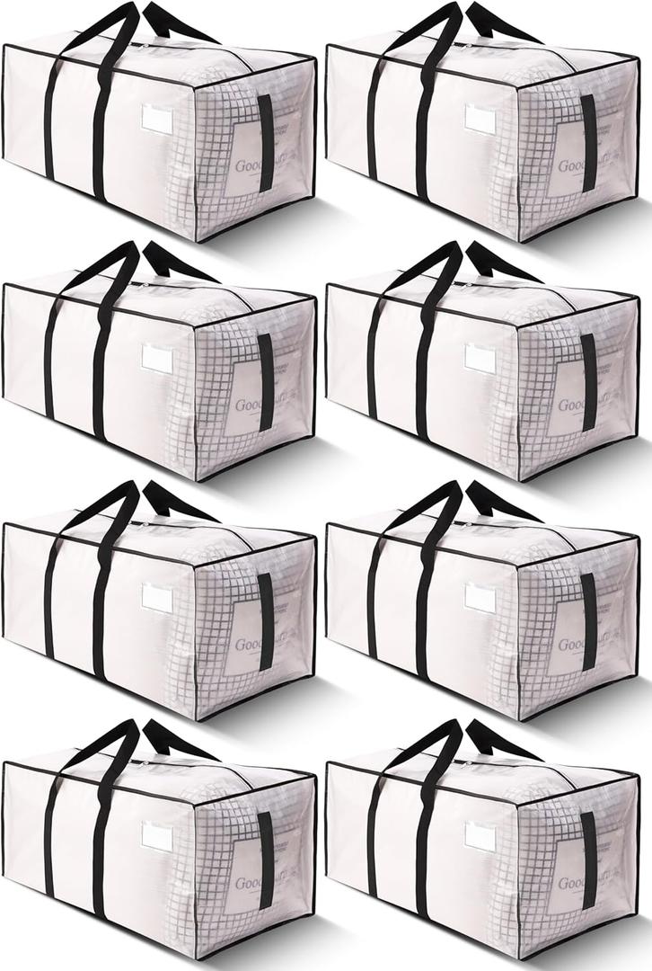 HOMESURE Supports 200lbs Heavy Duty Moving Bags - Strong Zipper & Wrap-Around Handles - Water-Resistant Storage Totes, Durable Alternative to Moving Boxes - 8 Pack - Semi-Transparent