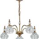 Vintage 5 Lights Gold Glass Pendant Lighting Rustic Style Chandelier Matte Brushed Antique Brass Finish with Crystal Glass Shade for Kitchen Island