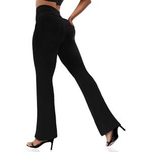 VOOVEEYA Women's Bootcut Leggings - Bootleg Yoga Pants Flare with 4 Pockets, Tummy Control High Waisted Casual Dress Pants（Bootcut-Petite Solid Black-L）