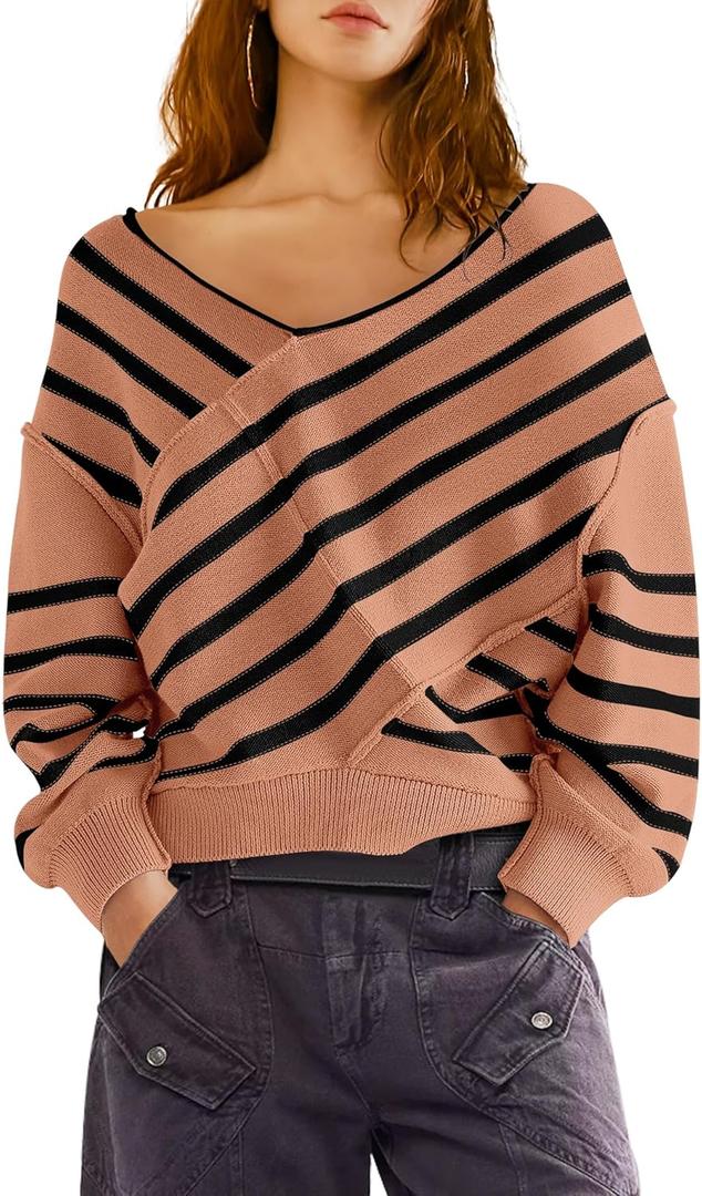 Panadila Womens Striped Off Shoulder Sweater Oversized Long Sleeve V Neck Sweater Tops Knitted Color Block Pullover (Brown)