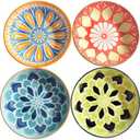 LMRLCS Ceramic Dipping Bowls Set of 4-5.6 Inch Colorful Mandala Small Serving Plates for Appetizers, Snacks & Sushi - Shallow Decorative Bowls for Tapas, Sauce & Dessert, Microwave & Dishwasher Safe
