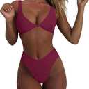 geluboao Bikini Set for Women Solid V Neck Knot Front Push Up High Leg Thong Two Piece Swimsuit (Large, Wine Red)