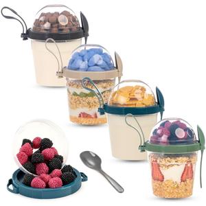 On The Go Cereal Yogurt Cups with Lids and Spoon, Reusable Parfait Plastic Milk Breakfast Crunch Granola Oatmeal Smoothie Snack Prep Bowl (4 Colors Set With Handle, 17 oz)