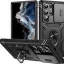 for Samsung Galaxy S24 Ultra Case with All-Angle Rotating Kickstand & Sliding Camera Cover - Heavy Duty Shockproof Protective Cover, Black