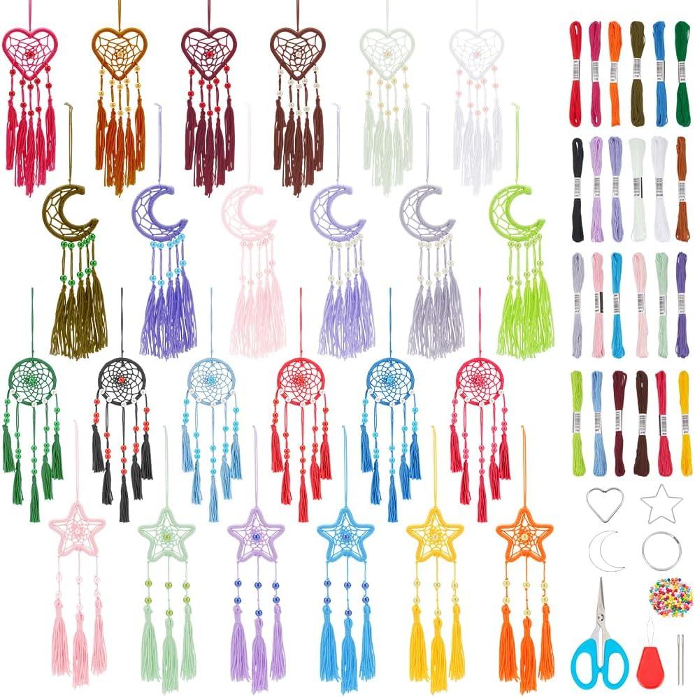 INFUNLY 24PCS DIY Small Dream Catcher Kits for Beginners Colorful Handmade Dreamcatcher Kit for Starters DIY Mini Star/Moon/Heart/Round Shape Ornament Making Kit for Bedroom Car Mirror Keychain Bag