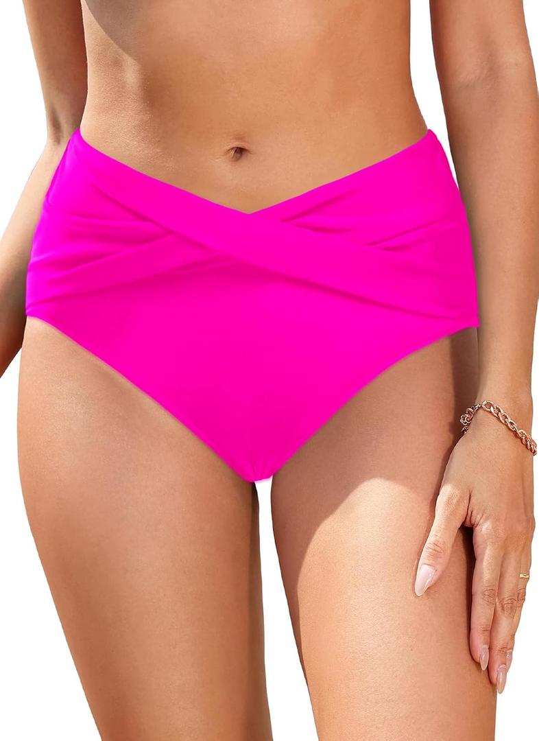 Women Full Coverage Bikini Bottom - V Cut Bathing Suit Bottoms Mid Waist Twist Front Swimsuit Bottom Swimwear 2025 (Small, Hot Pink)