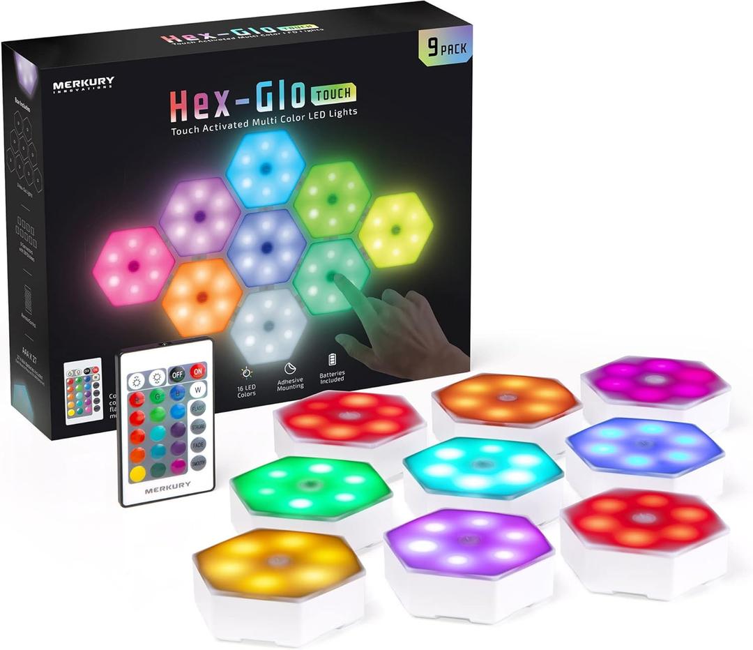 Merkury Innovation Hex Glo Touch Activated Multi Color LED Lights | Modular, Touch-Sensitive and Remote-Controlled RGB Lighting | Aesthetic Room Decor | 16 Colors | 9 Pack