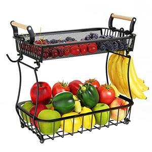 ANTOPY 2 Tier Fruit Basket with 2 Banana Hangers, Countertop Fruit Vegetable Basket Bowl for Kitchen Counter Metal Mesh Basket Fruits Stand Produce Holder Organizer for Onion Potato Bread Snack Veggie