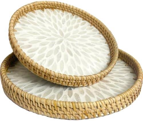Round Rattan Tray with Mother of Pearl Inlay, Boho Coffee Table Tray Decor, Wicker Trays for Decor, Woven Tray, Round Basket Tray (WHITELEAF, 9.84 INCH and 11.8 INCH)