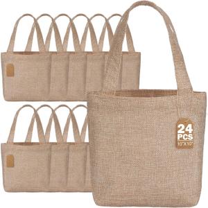 Aliceset 24 Pcs Mini Burlap Tote Bags with Handles Reusable Burlap Gift Bags with Tags Small Wedding Welcome Bridesmaids Jute Bag Bulk for Party Supplies DIY Craft (10 x 10 x 3.5 Inch,Light Brown)
