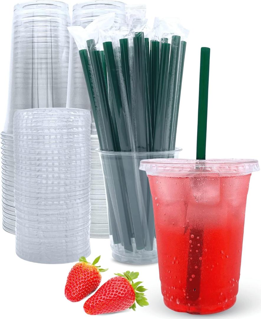 12 oz Clear Plastic Cups with Lids and Straws, Disposable Coffee Cups 25 Sets