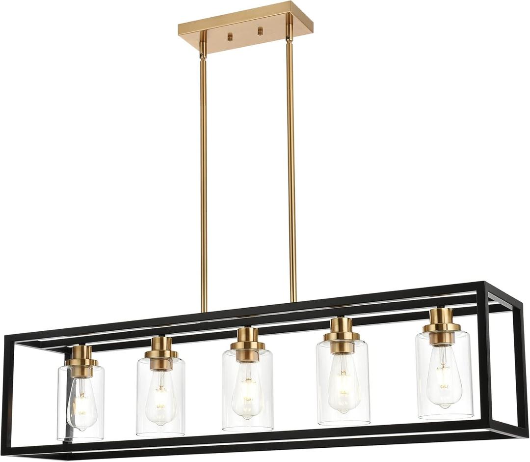 MELUCEE Black Chandeliers Rectangle 5 Lights Dining Room Lighting Fixtures Hanging Over Table, Kitchen Island Lighting Linear Pendant Light Ceiling with Clear Glass Shade and Brushed Brass Socket (36.2 inches) MELUCEE Black Chandeliers Rectangle 5 Lights Dining Room Lighting Fixtures Hanging Over Table, Kitchen Island Lighting Linear Pendant Light Ceiling with Clear Glass Shade and Brushed Brass Socket (36.2 inches)