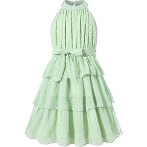 Move Dance Girls Summer Dress Tween Halter Neck Green Flared Midi A-Line Sundress Swiss Dot Sleeveless Casual Layered Chiffon Dresses with Belt 12-13 Years Old